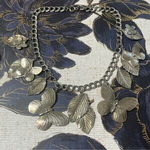 Vintage Antiqued Silver Artisan Butterfly and Leaf Charm Statement Necklace D2